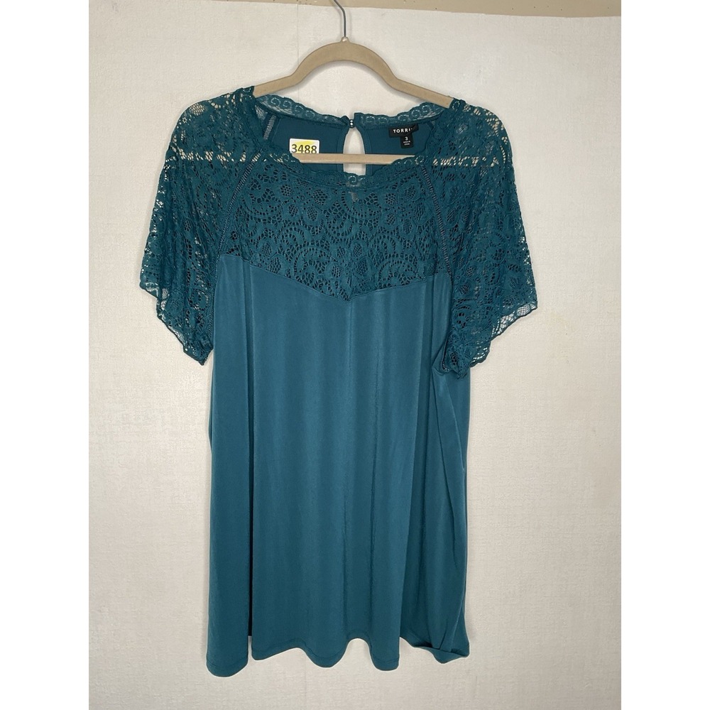 Torrid Blouse High Neck Lace Inset Womens Size 3X Teal Short Sleeve Shell Top